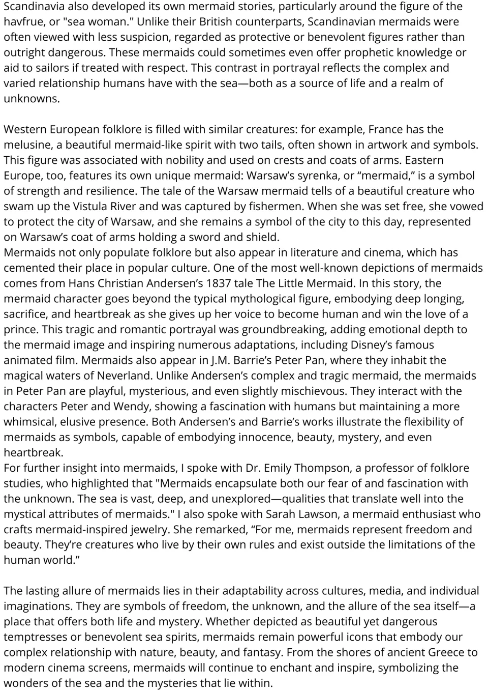 Reading passage continuation: mermaids in French and Polish folklore, The Little Mermaid, and Peter Pan.