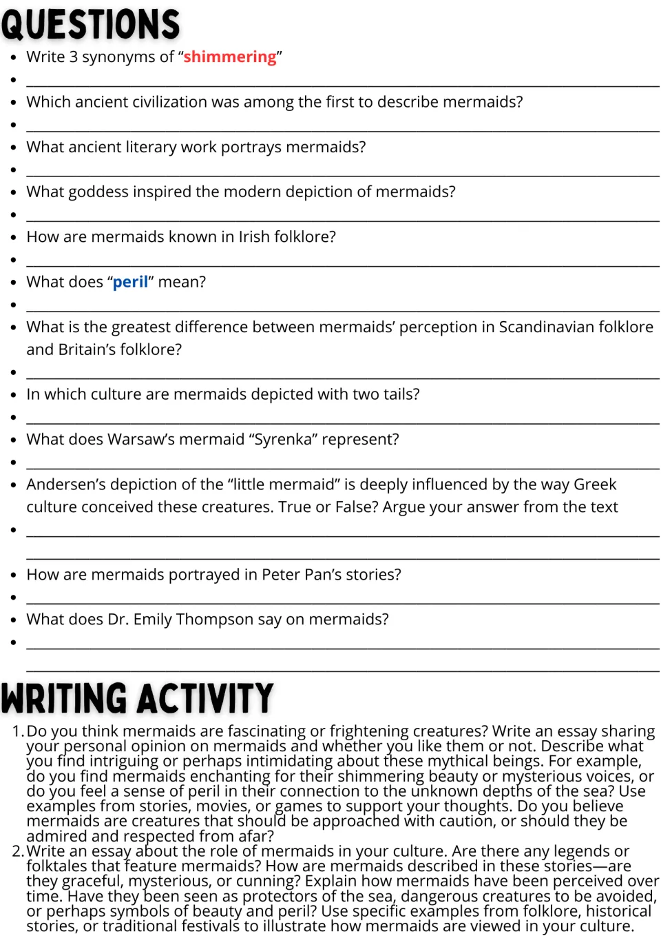 Mermaid reading response: 12 comprehension and vocabulary questions plus two essays on opinions and culture.