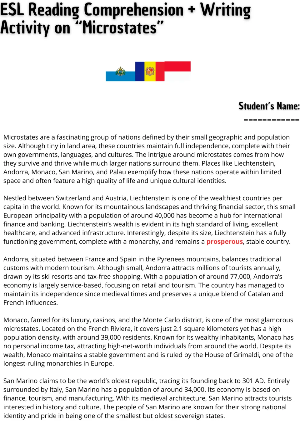 Microstates reading passage: students read about Liechtenstein, Andorra, Monaco and San Marino and their economies