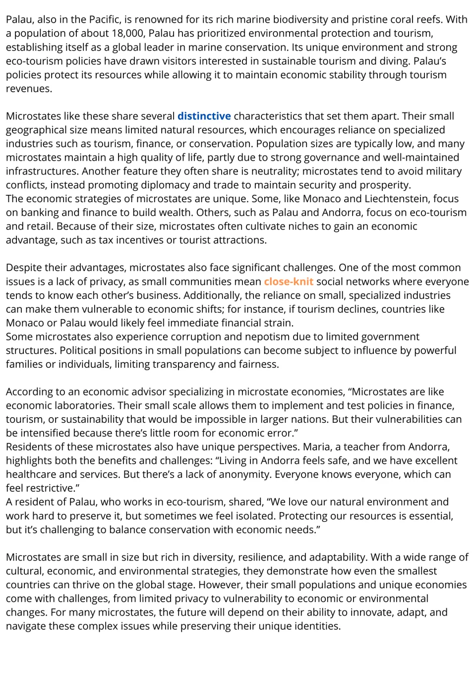 Microstates text, part 2: students read about Palau, shared traits, economic risks, nepotism and quotes from residents