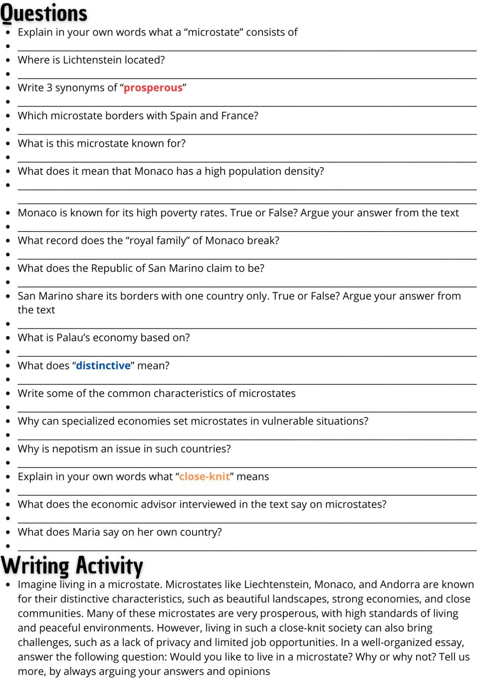 Microstates questions: students answer 18 items, including true/false and vocabulary, then write an opinion essay