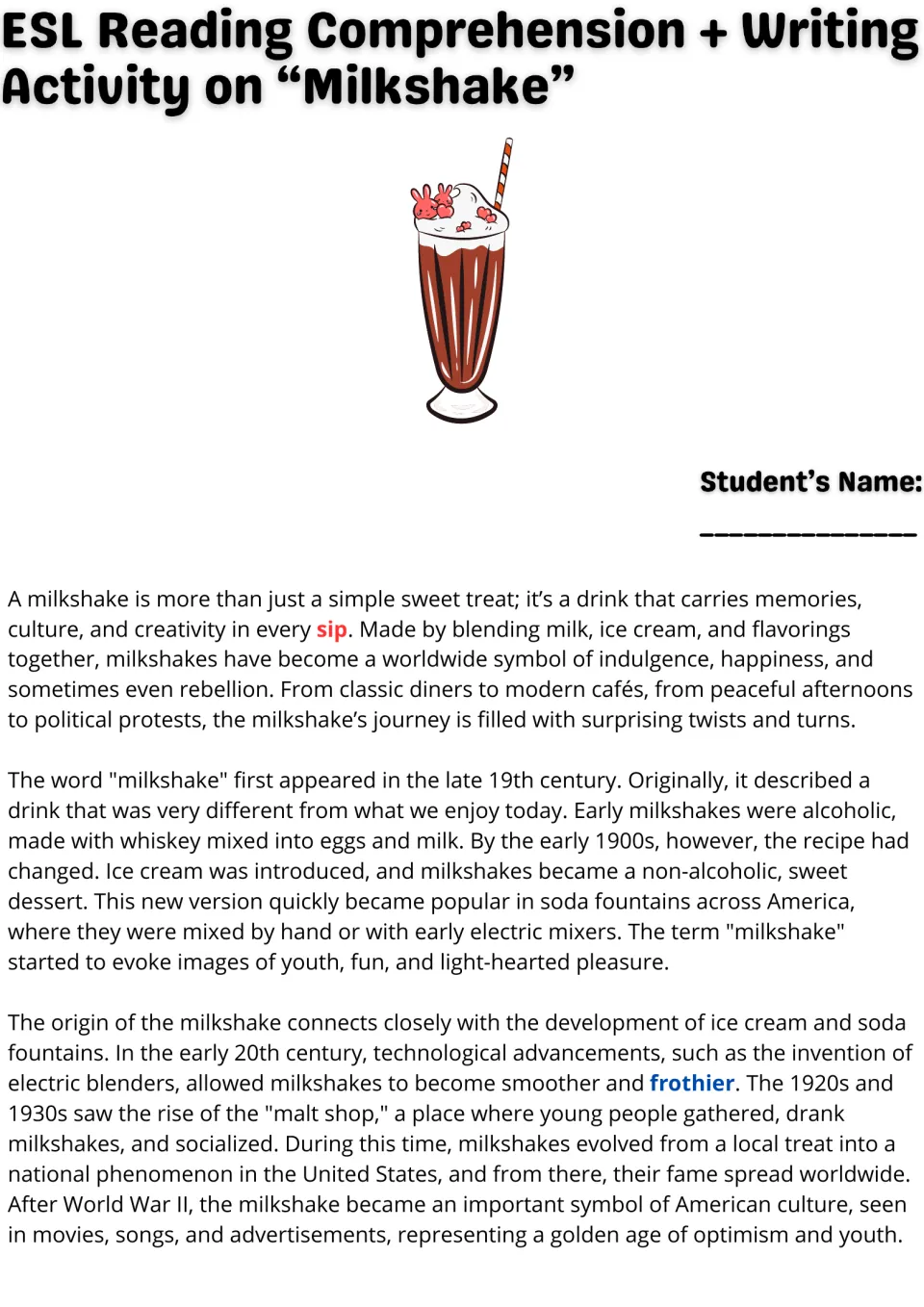 ESL reading passage opening: milkshake origins, early recipes, electric blenders, and malt shops.