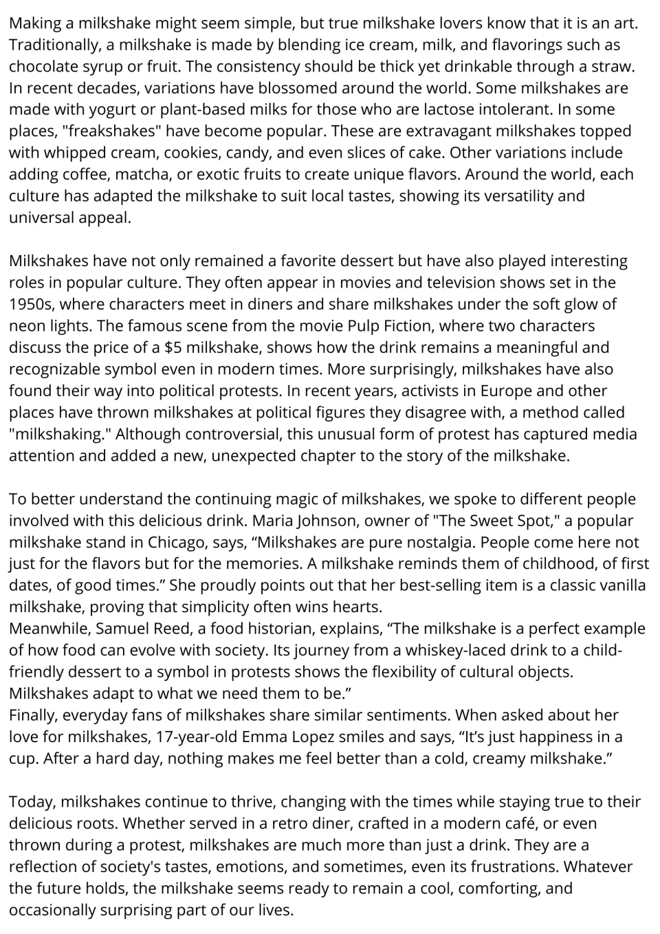 ESL reading passage continuation: milkshake variations, popular culture, political protests, and interviews.