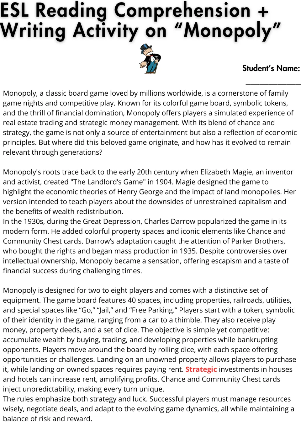 ESL reading passage, part 1: Monopoly's origins, Elizabeth Magie, Charles Darrow, equipment, and rules.