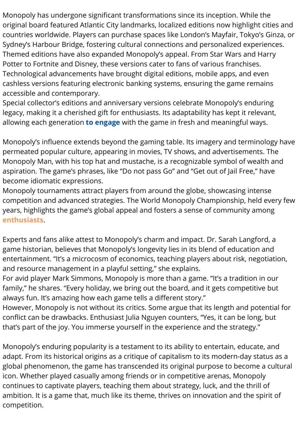 ESL reading passage, part 2: Monopoly editions, cultural influence, tournaments, and player opinions.
