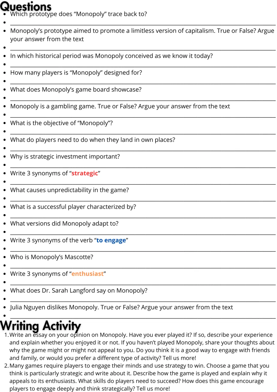 Monopoly reading follow-up: 18 comprehension and vocabulary questions plus two essay prompts about games.