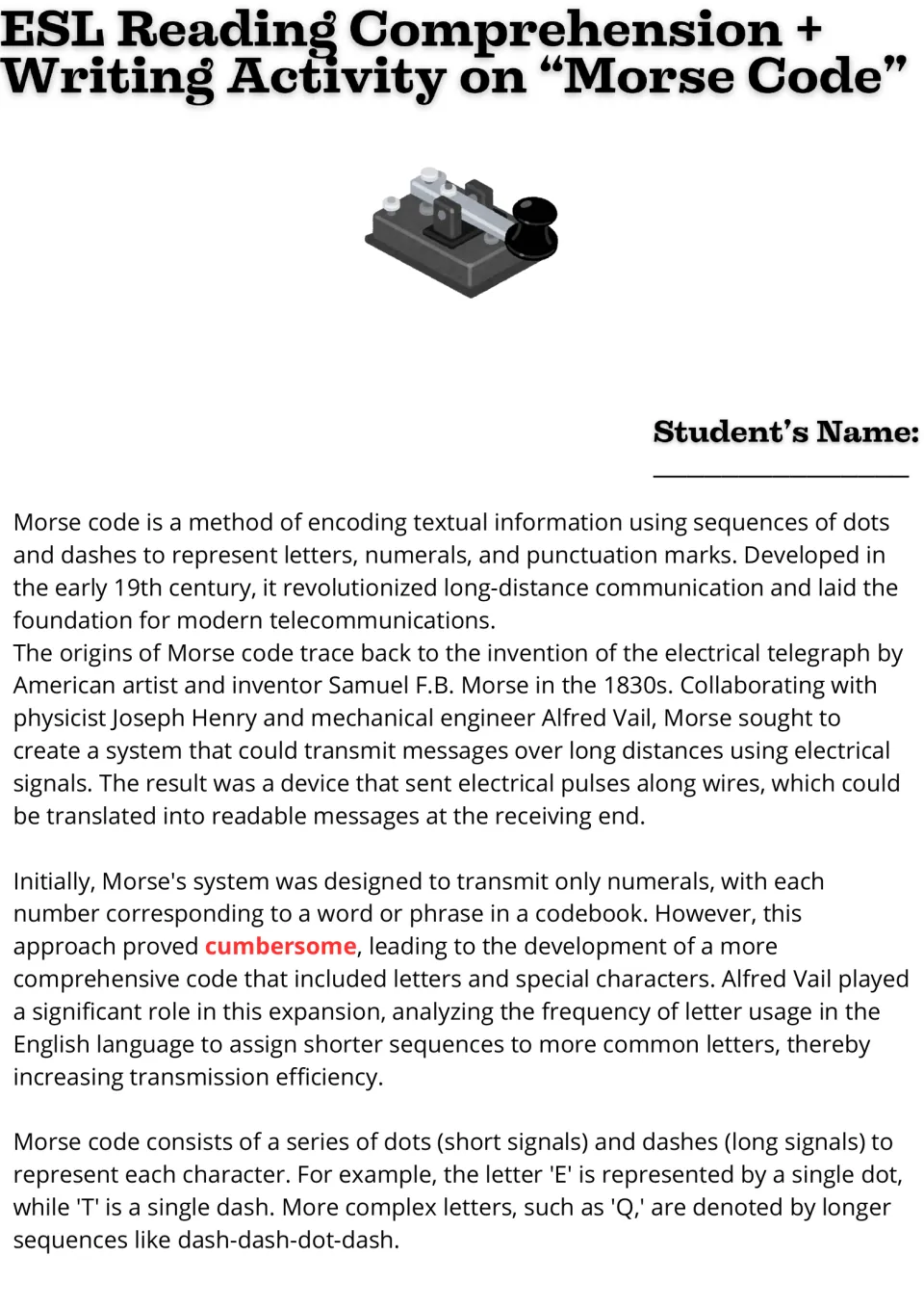 Morse code reading passage, part 1: students read about Samuel Morse, the telegraph and how dots and dashes encode letters