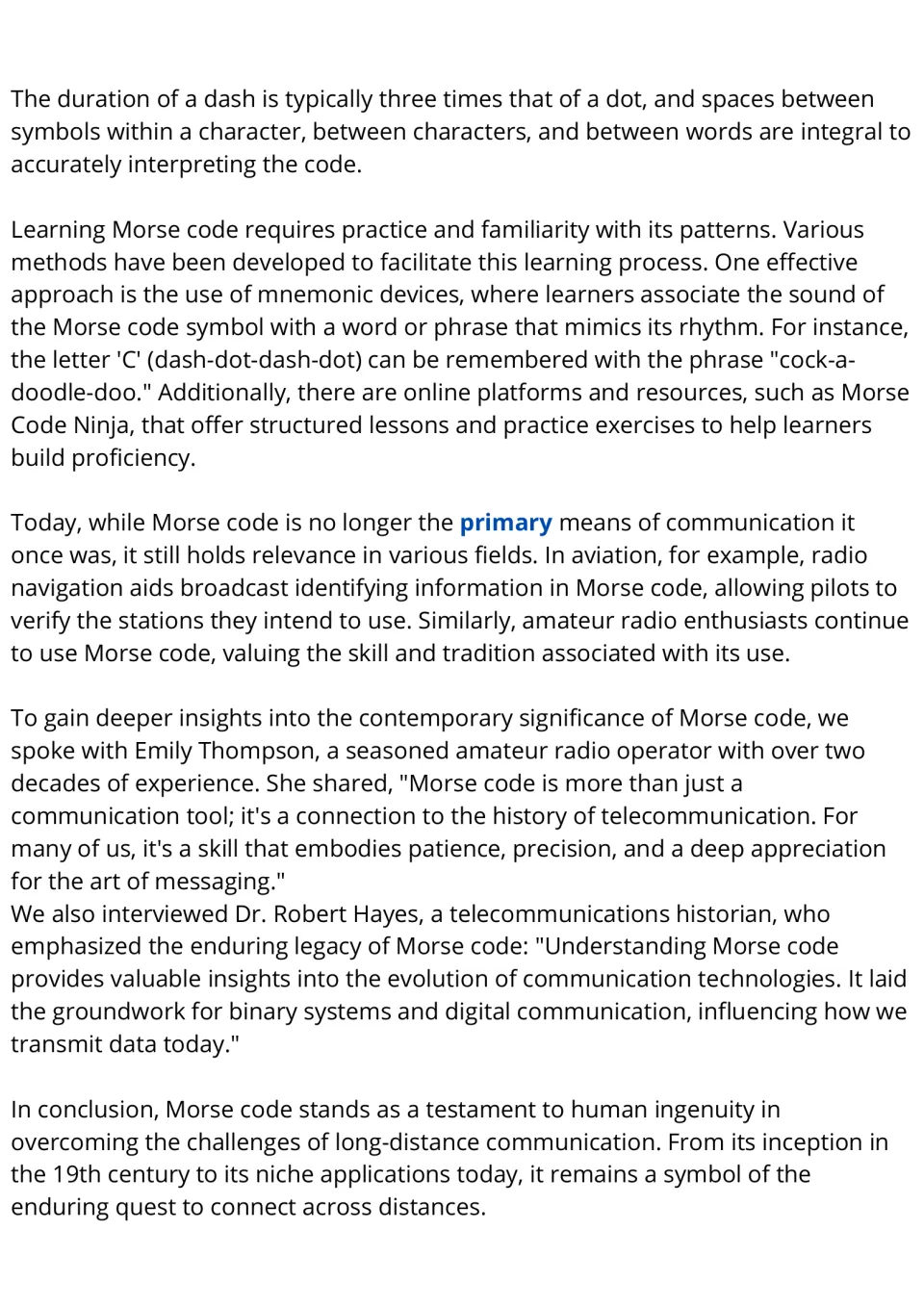 Morse code reading passage, part 2: learning by mnemonics, use in aviation and amateur radio, and two expert quotes