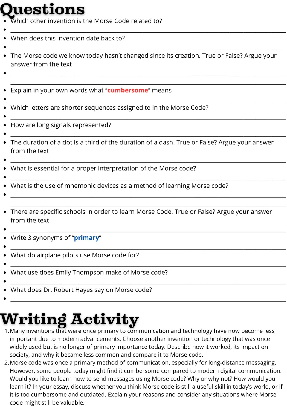 Morse code questions: 14 comprehension, true-or-false and vocabulary items, then two essay prompts on outdated inventions