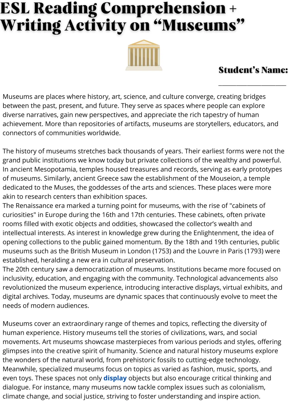 Museum reading passage, part 1: origins, historical development, museum types, and their cultural roles
