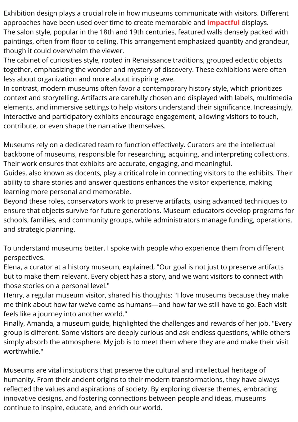 Museum reading passage, part 2: exhibition styles, museum staff roles, and three interview perspectives