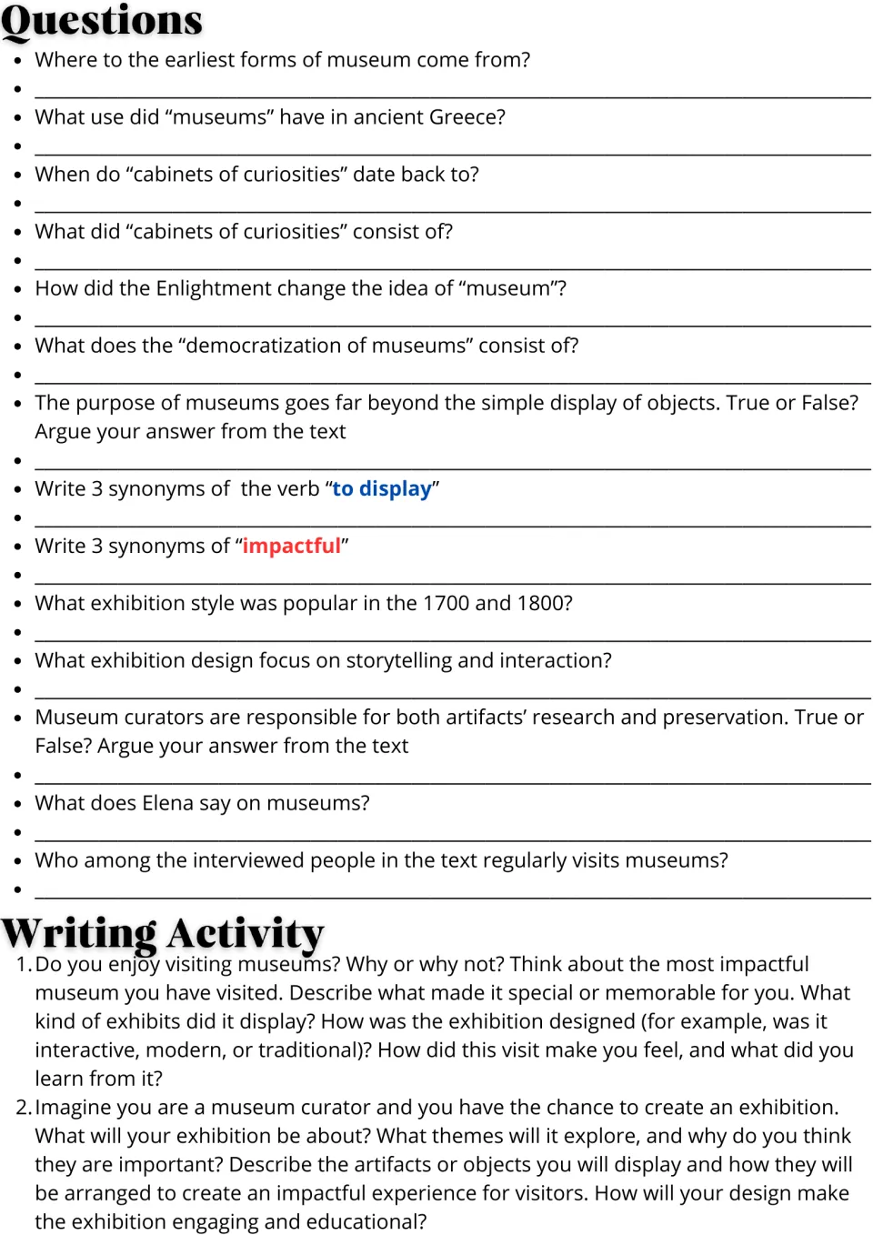 Museum reading follow-up: 14 comprehension and vocabulary questions and two museum-themed essay prompts