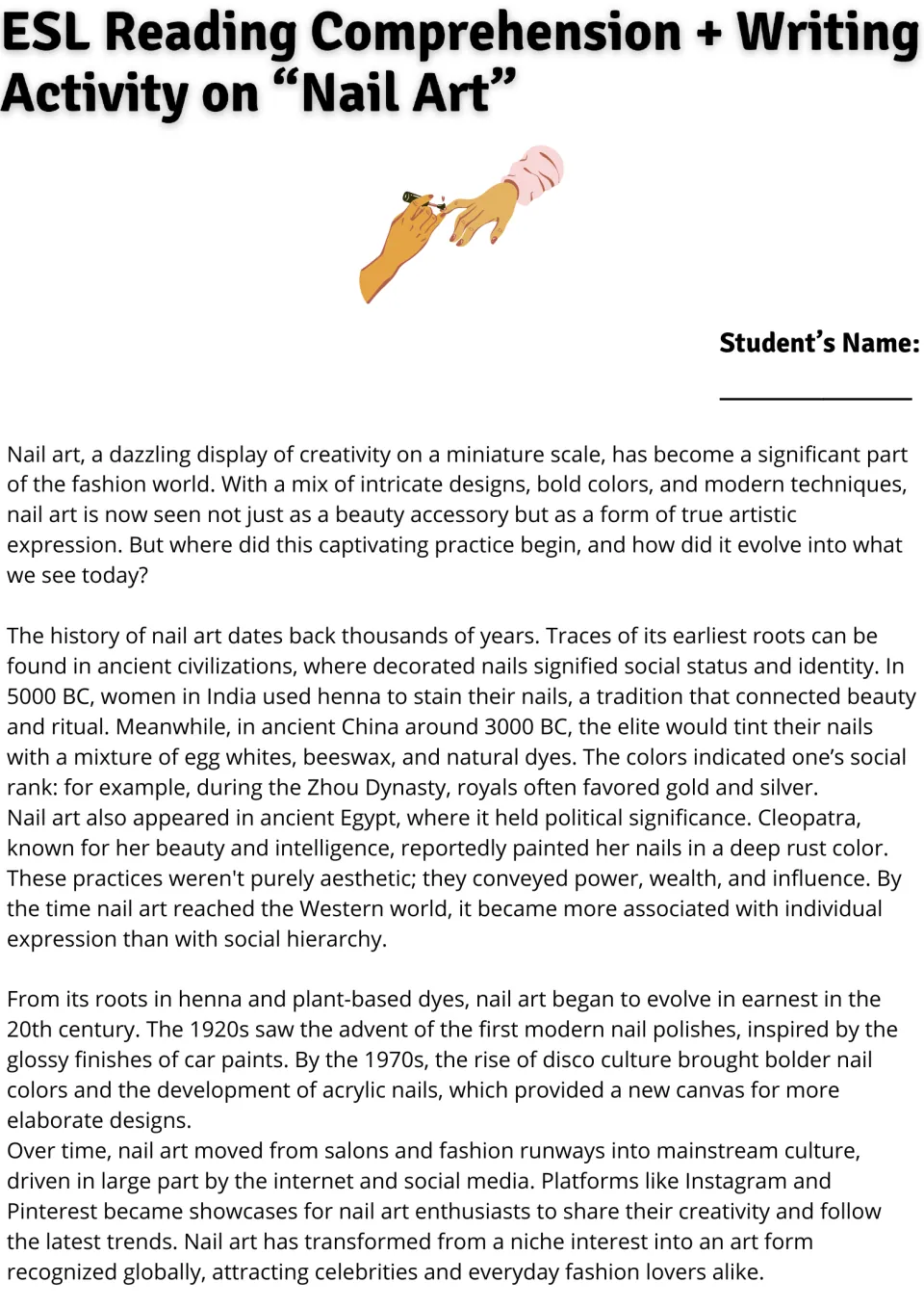 Opening reading passage on nail art: ancient origins, social status, modern polish, and social media.