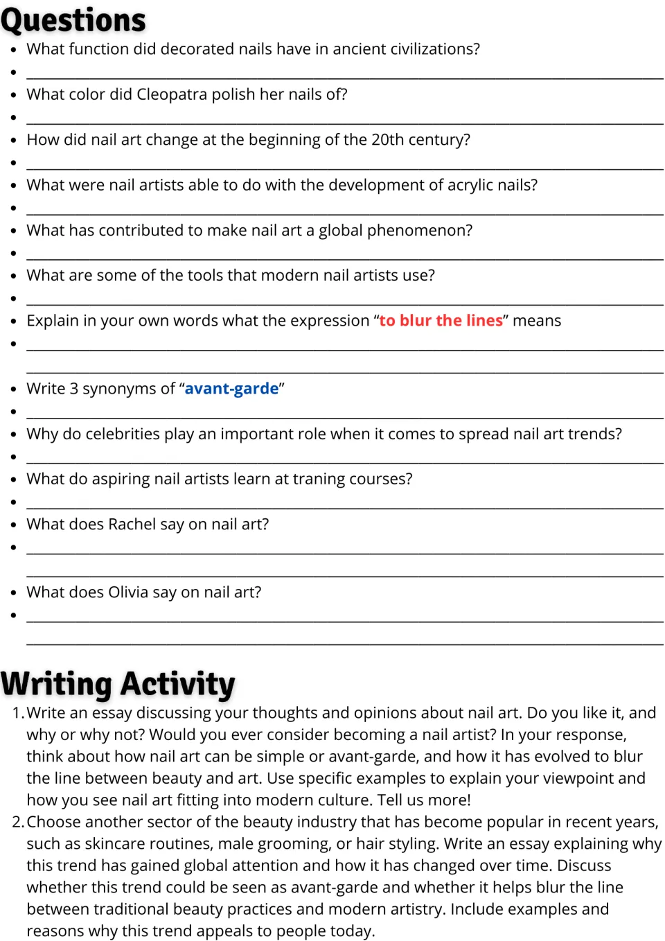 Nail art follow-up: 12 comprehension and vocabulary questions plus two essays on nail art and beauty trends.