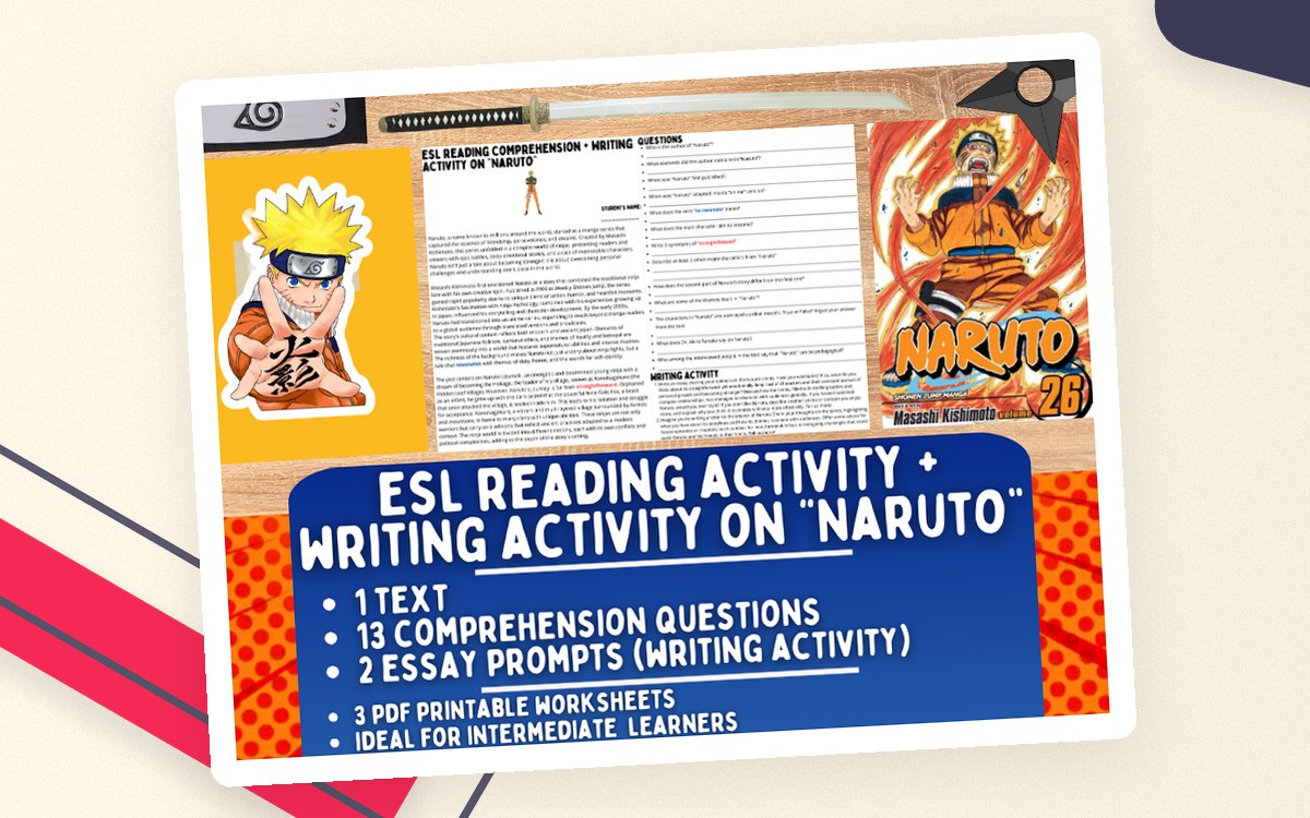 ESL Reading Comprehension + Writing Activity Worksheets on "Naruto" preview
