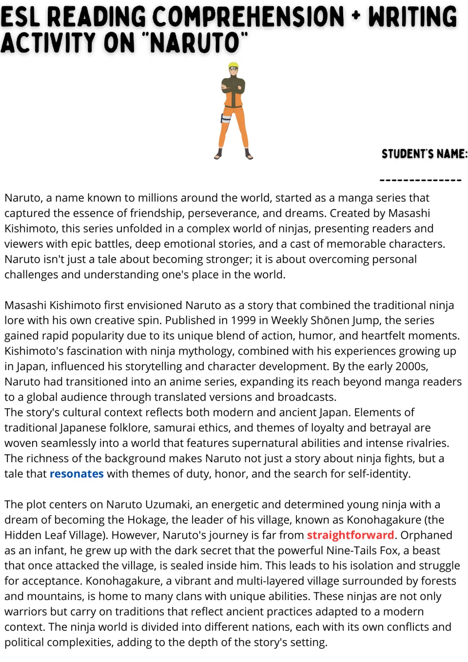 Naruto reading passage opener: students read about creator Masashi Kishimoto, the 1999 launch and the Hokage dream