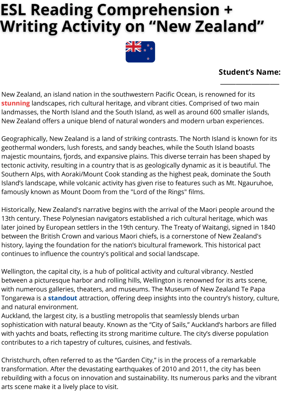 New Zealand reading passage, part 1: students read about geography, Maori history, the Treaty of Waitangi and main cities