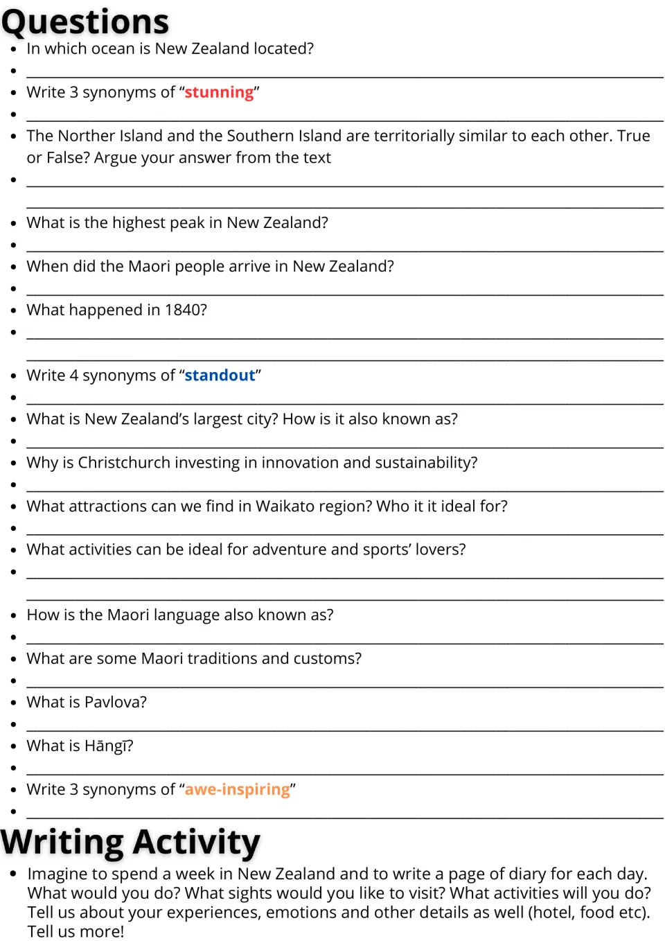 New Zealand questions: students answer 16 comprehension and synonym items, then write a week-long travel diary