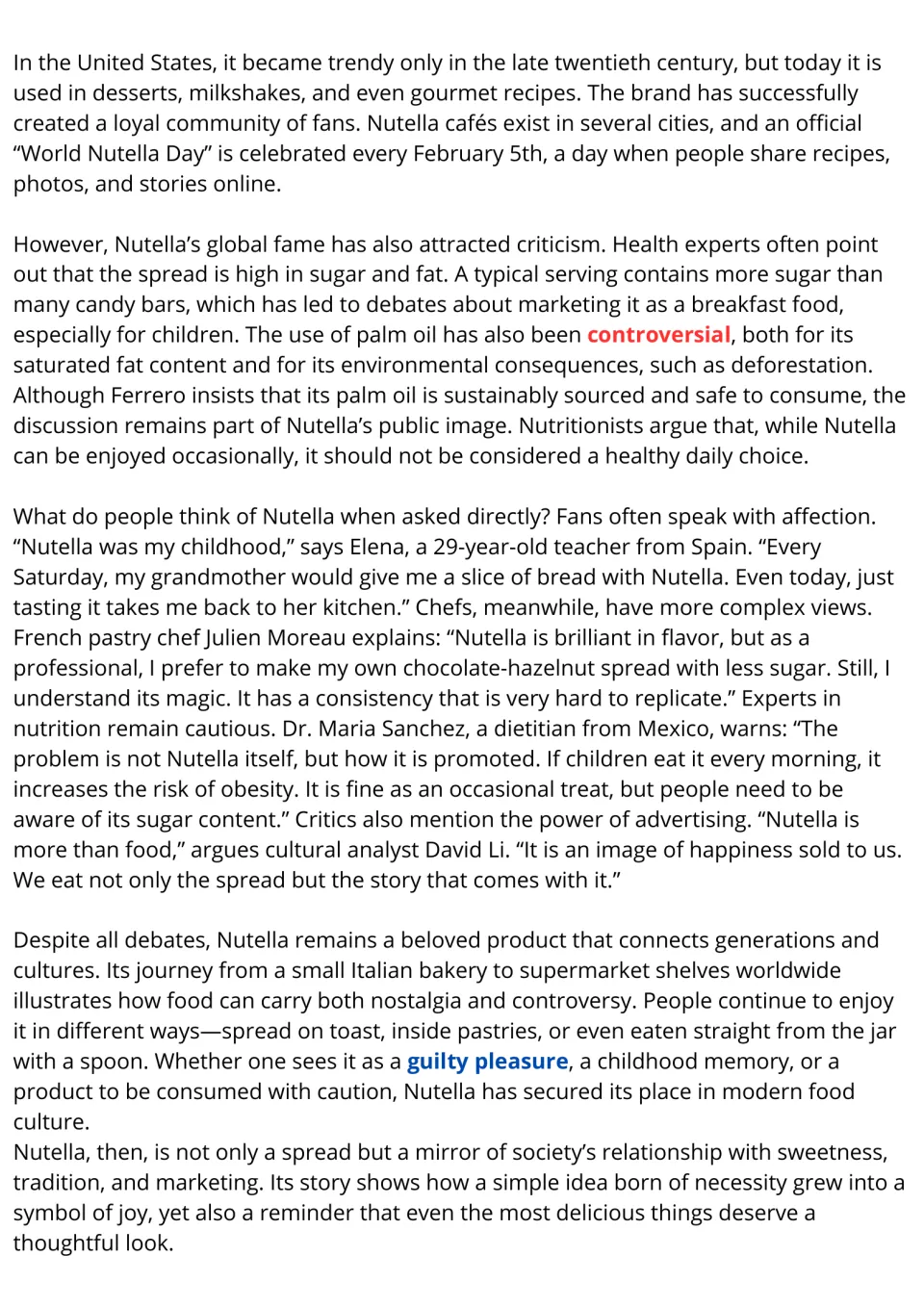 Nutella reading passage, part 2: health concerns, palm oil controversy, personal views, and marketing.