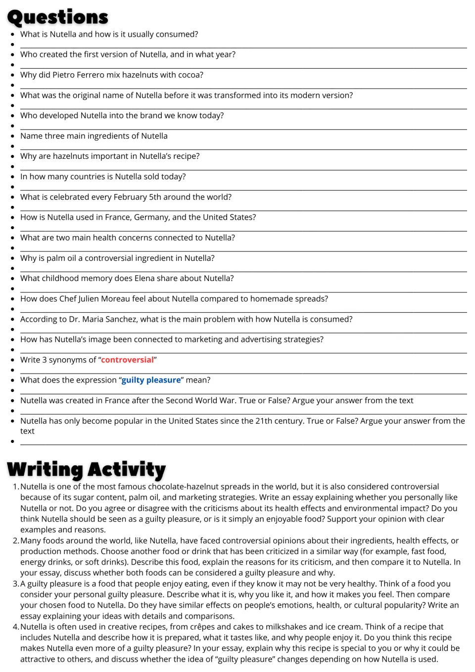Nutella follow-up activities: 20 comprehension and vocabulary questions plus four essay writing prompts.