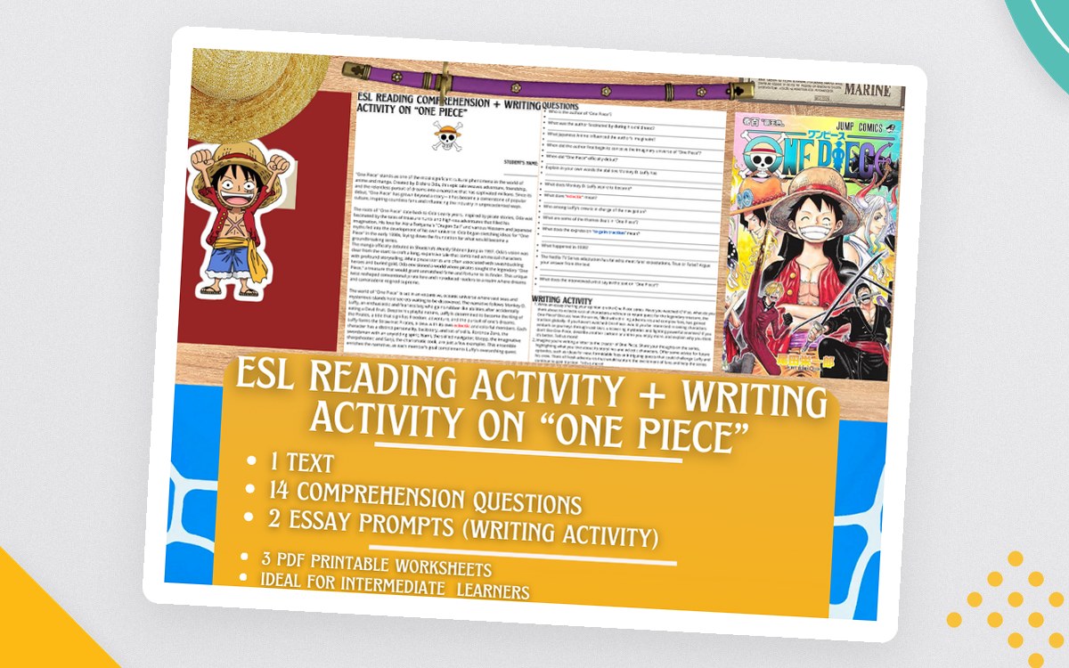 ESL Reading Comprehension + Writing Activity Worksheets on "One Piece" preview