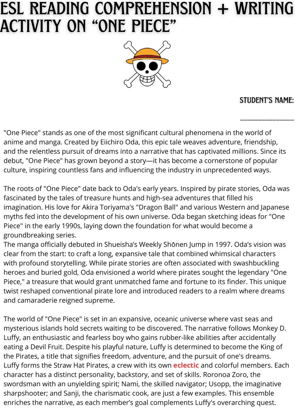 One Piece reading passage, part 1: students read about Eiichiro Oda, the manga's 1997 debut, Luffy and the Straw Hat crew