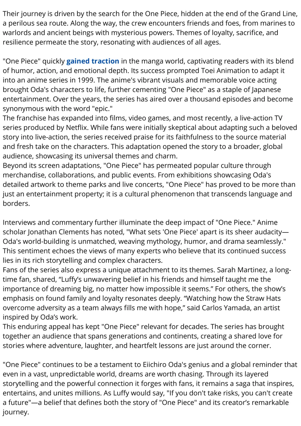 One Piece reading, part 2: the anime, Netflix live-action series and fan quotes, with "gained traction" highlighted