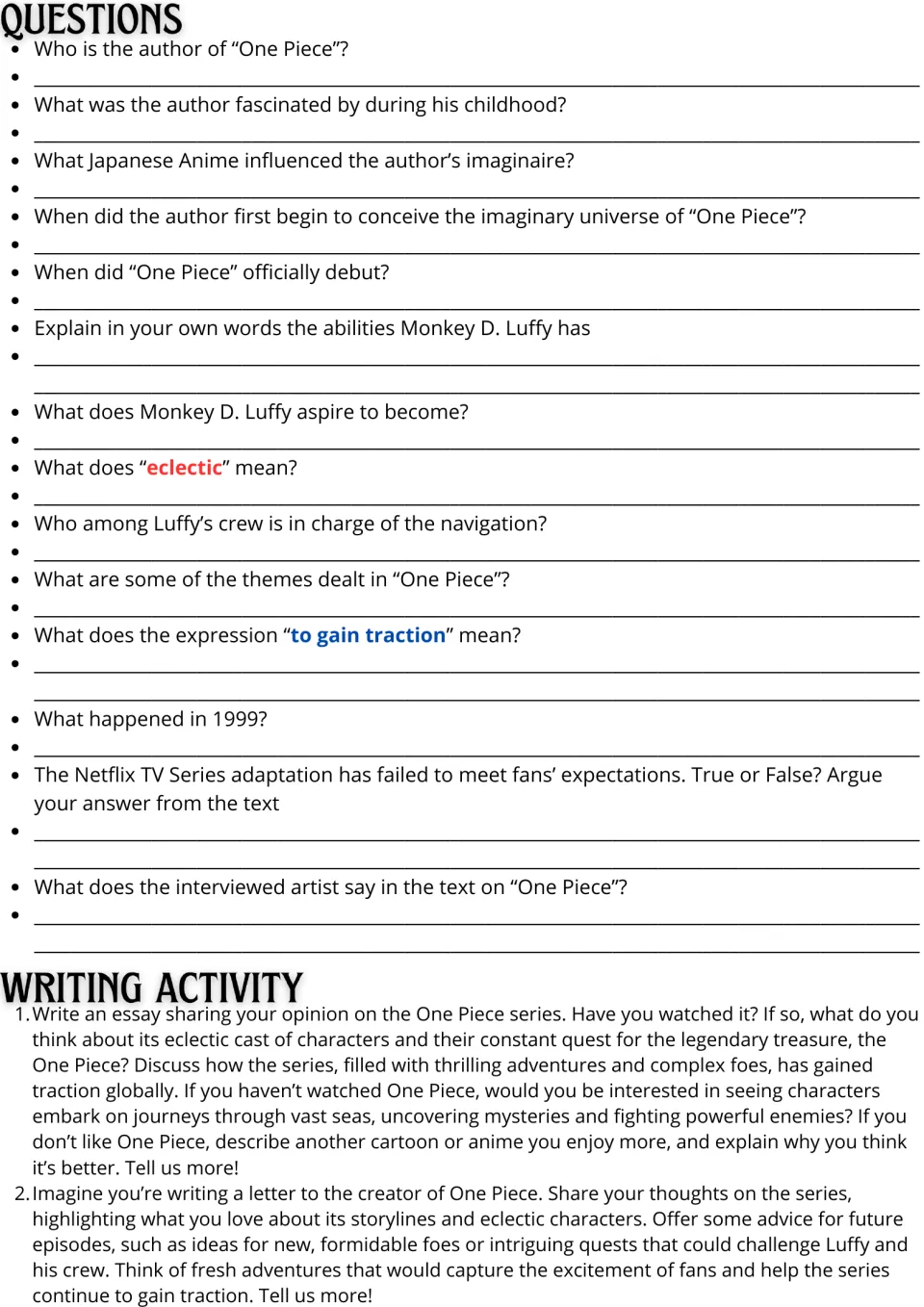 Comprehension questions on the One Piece text and vocabulary, then two writing prompts: an opinion essay or a letter to Oda