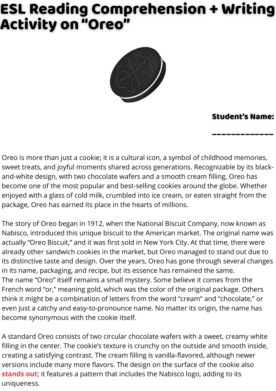 Oreo reading passage, part 1: the cookie's origins in 1912, name theories, chocolate wafers, and cream filling