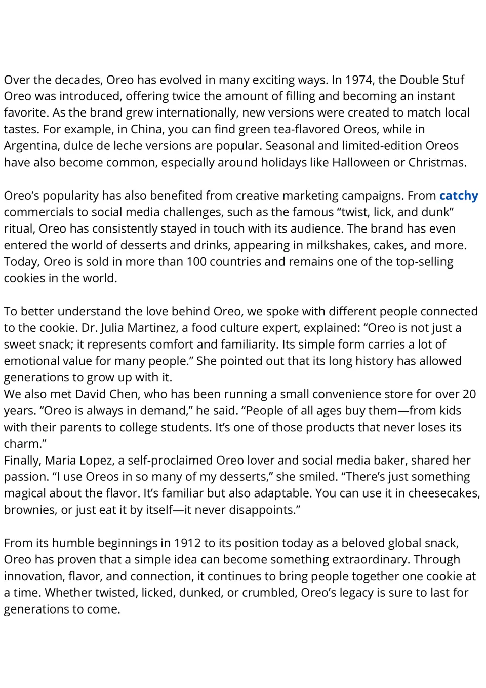 Oreo reading passage, part 2: international flavors, marketing, dessert uses, and three people's perspectives