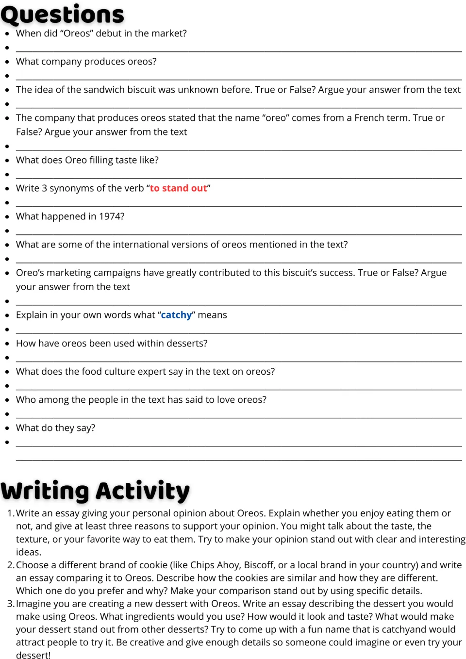 Oreo follow-up activities: 14 reading questions and three essay prompts on opinions, comparisons, and desserts
