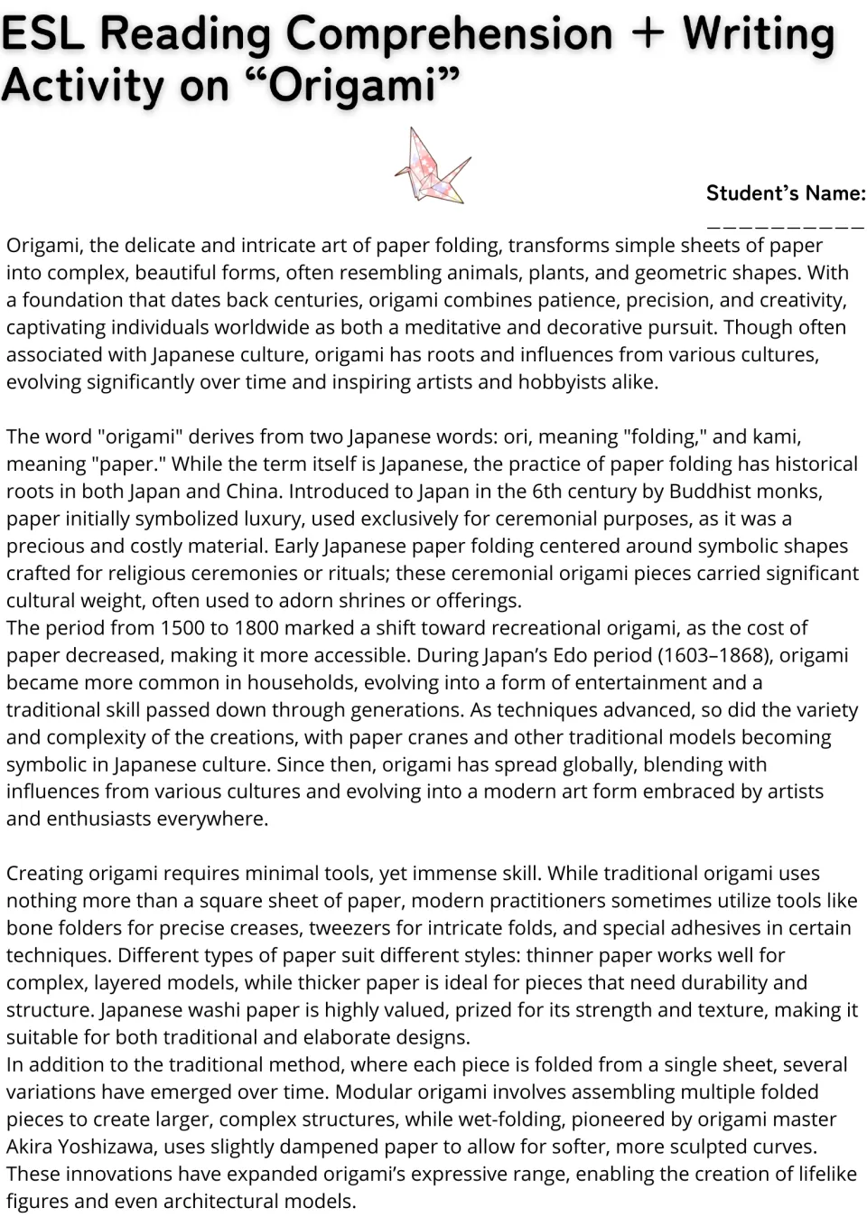 Origami reading passage on the history of paper folding, from ceremonial use in Japan to tools, paper and modern styles