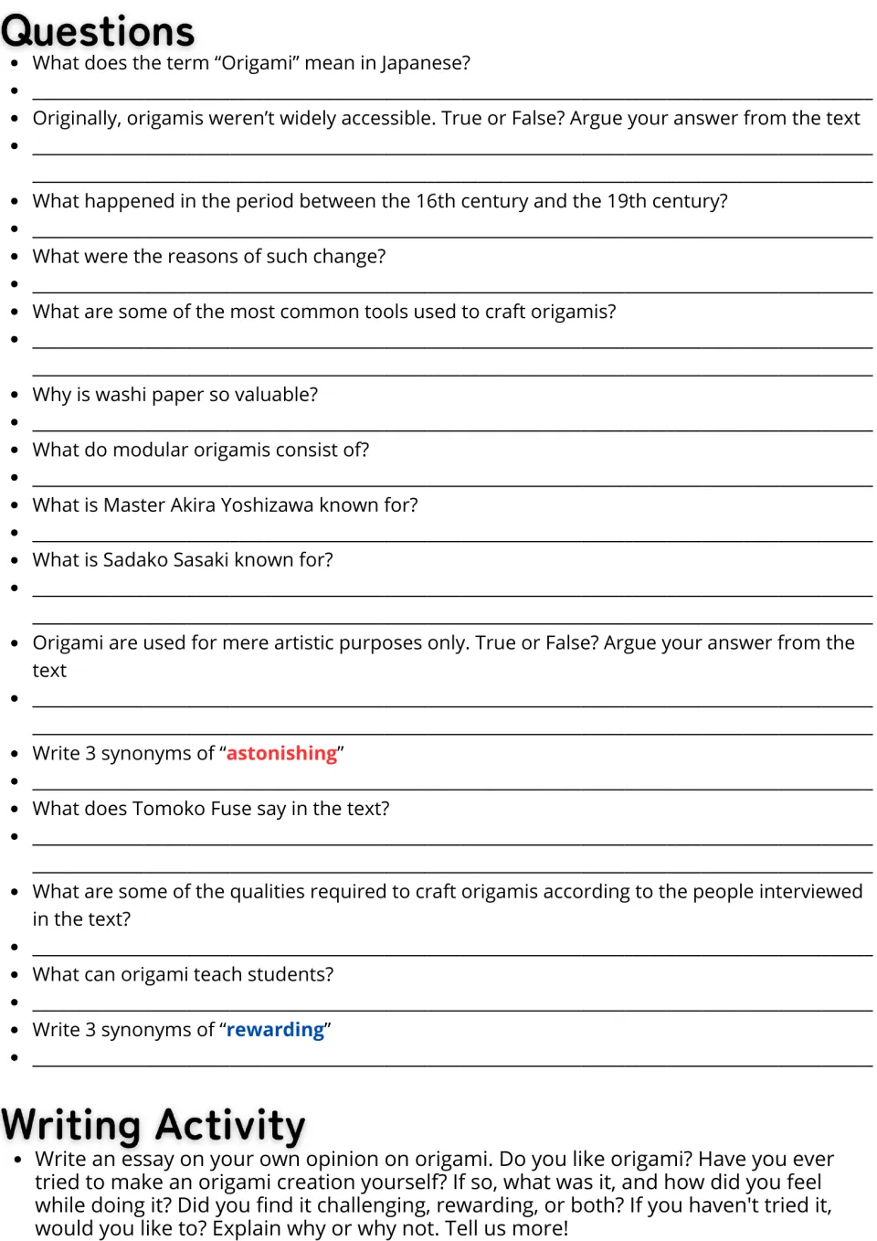 Origami comprehension questions: students answer from the text, give synonyms, then write an opinion essay