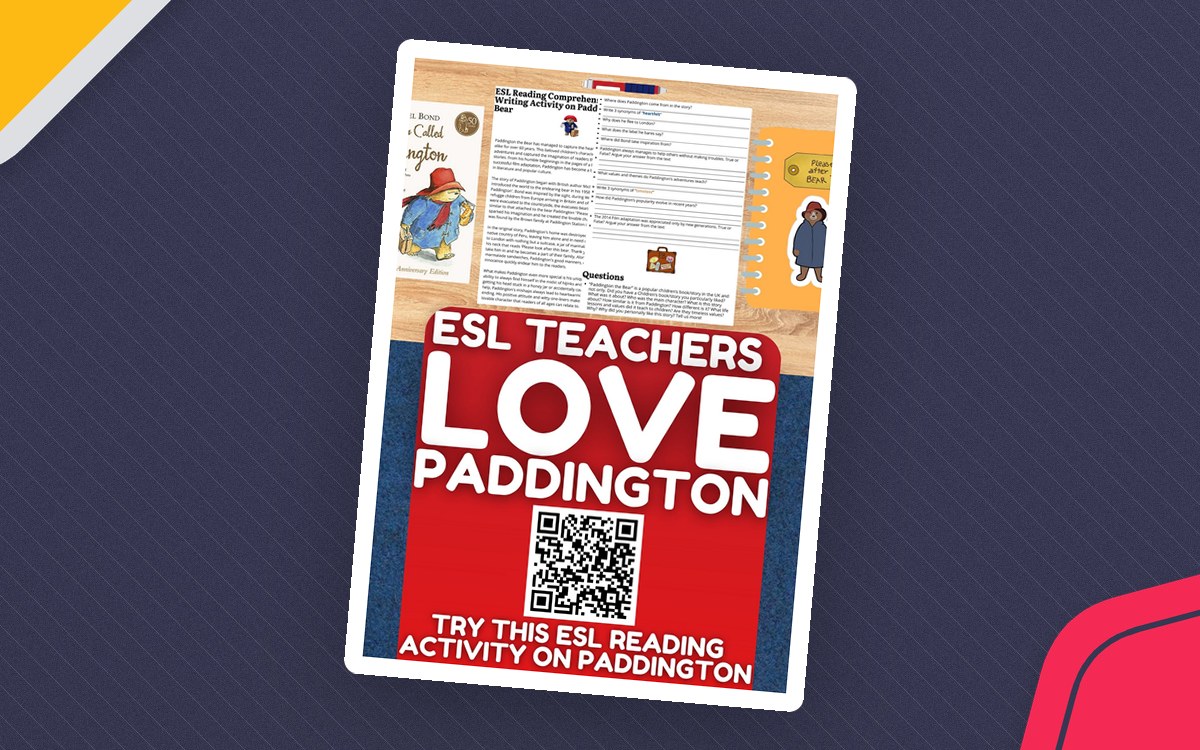 Paddington ESL reading activity cover with the book image, reading and writing worksheet previews, and a QR code.