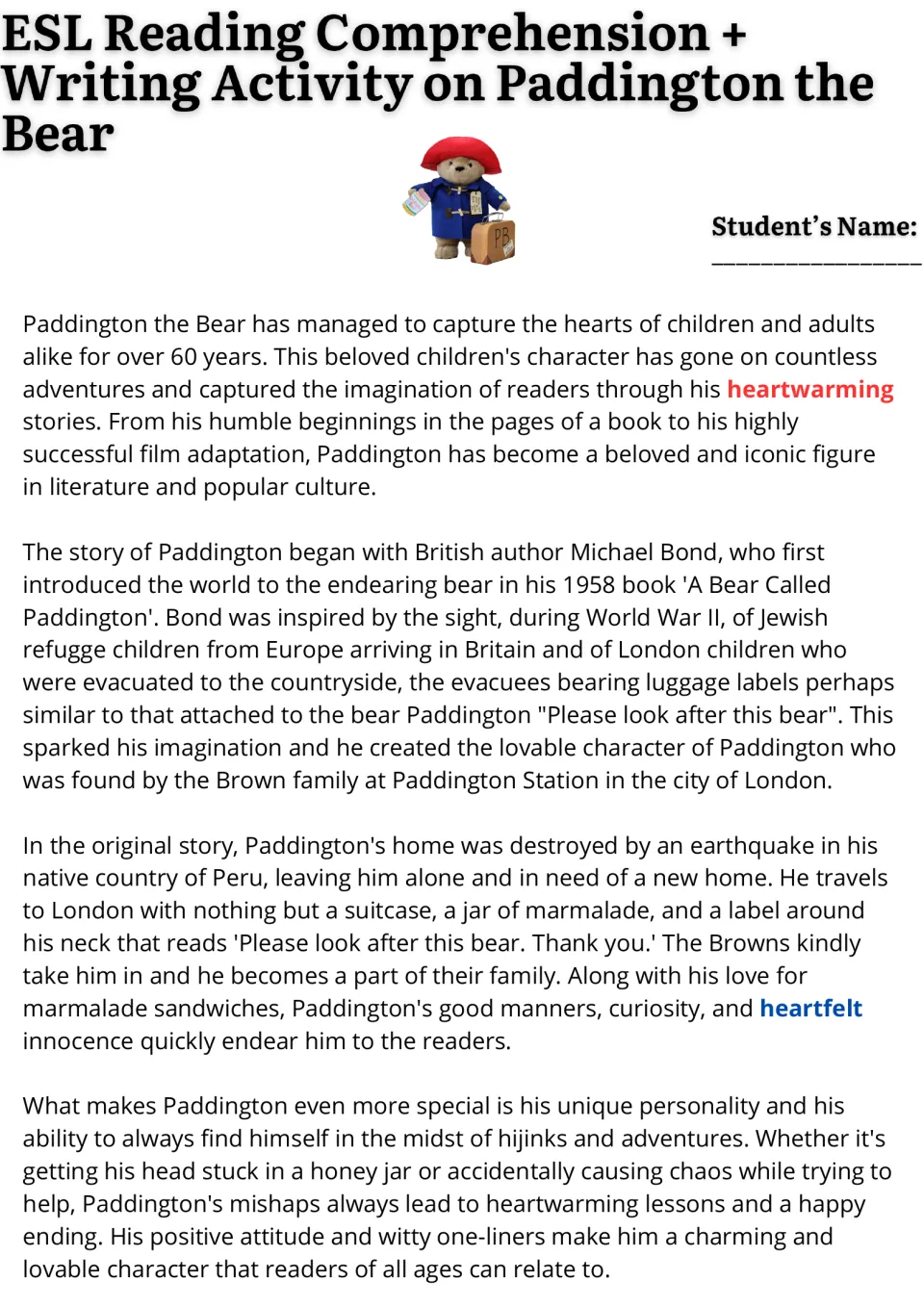 Paddington reading passage: students read about Michael Bond's 1958 book and the bear's journey from Peru to London