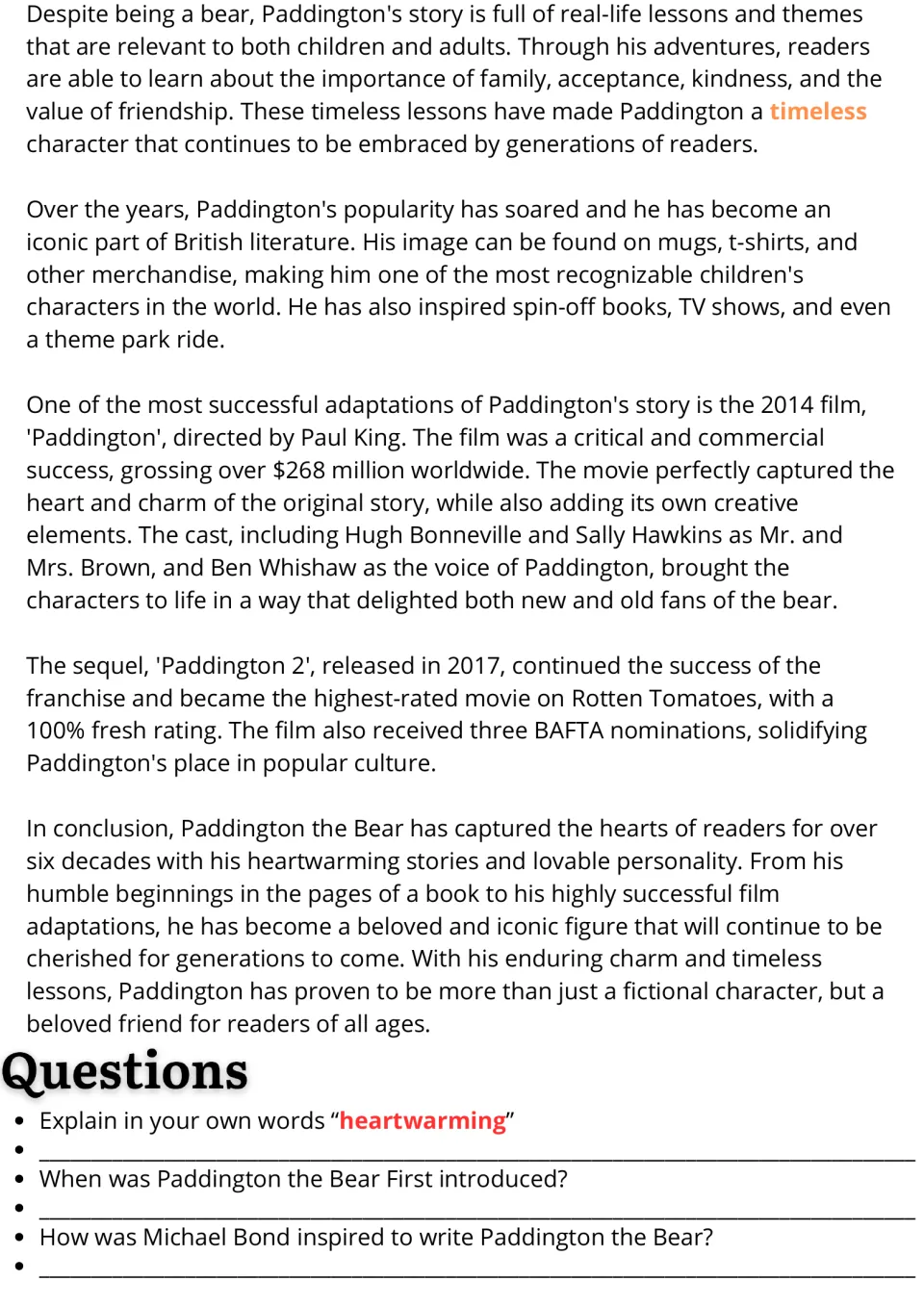 Paddington films and legacy passage, followed by questions defining heartwarming and recalling Bond's inspiration