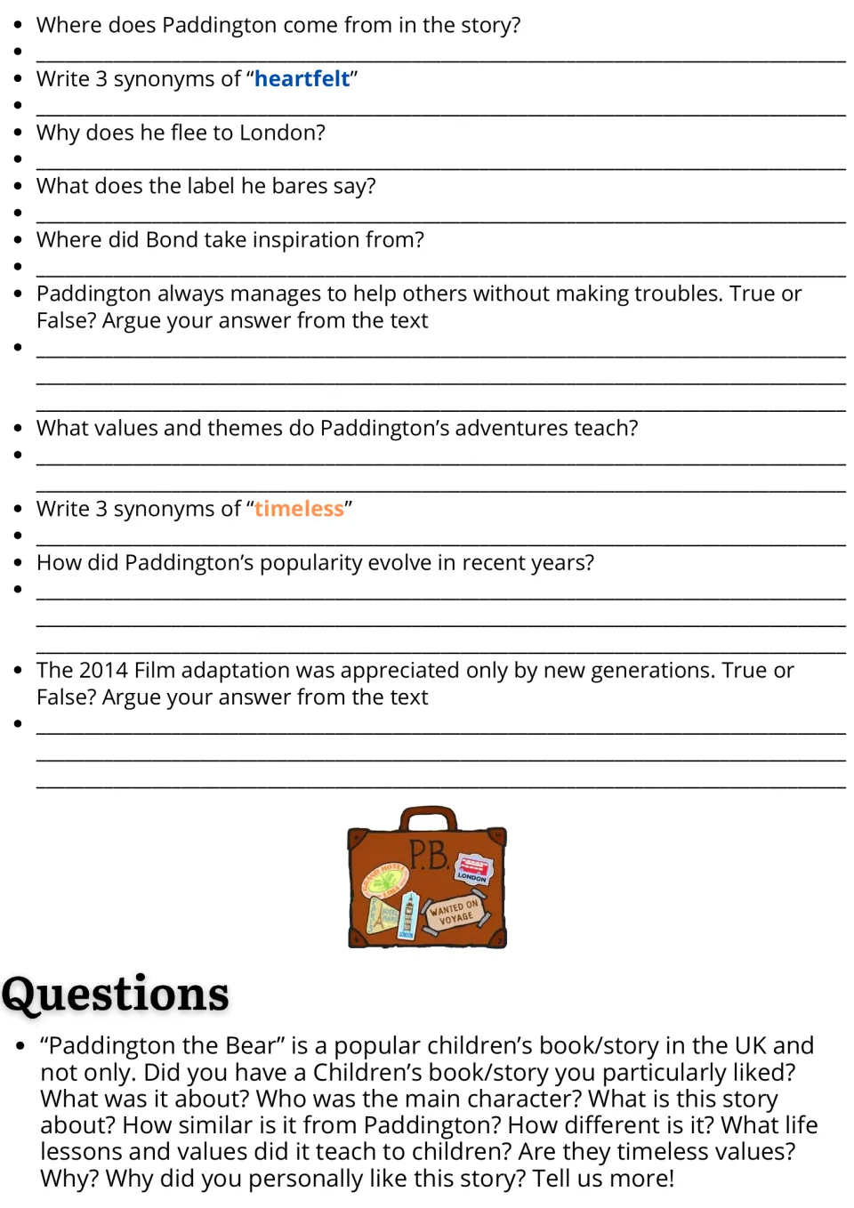 Comprehension questions with synonyms for heartfelt and timeless, true-or-false items and a favorite-book writing prompt