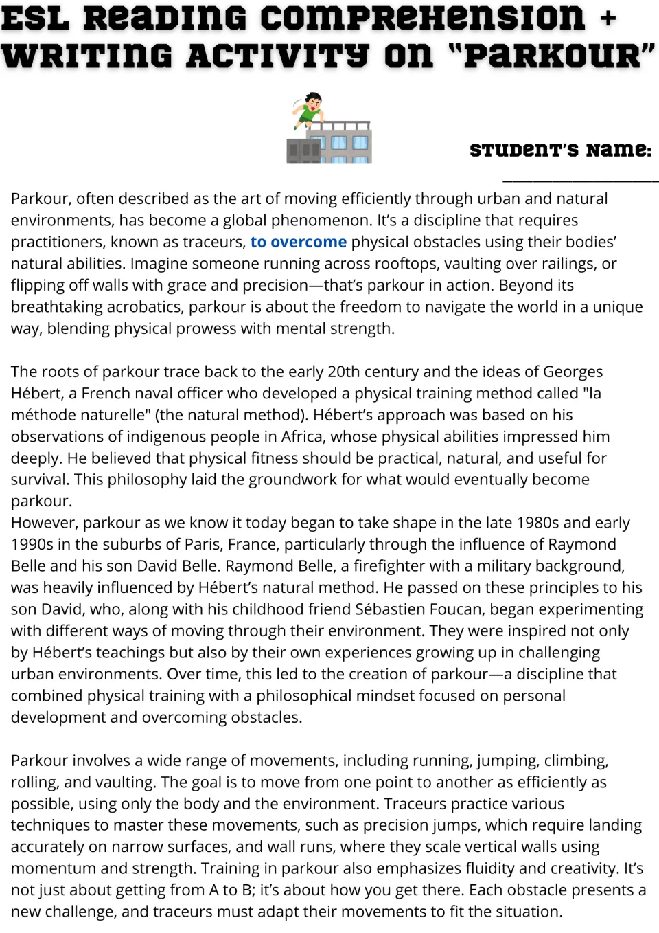 Parkour reading passage, part 1: origins, Georges Hébert, the Belle family, and movement techniques