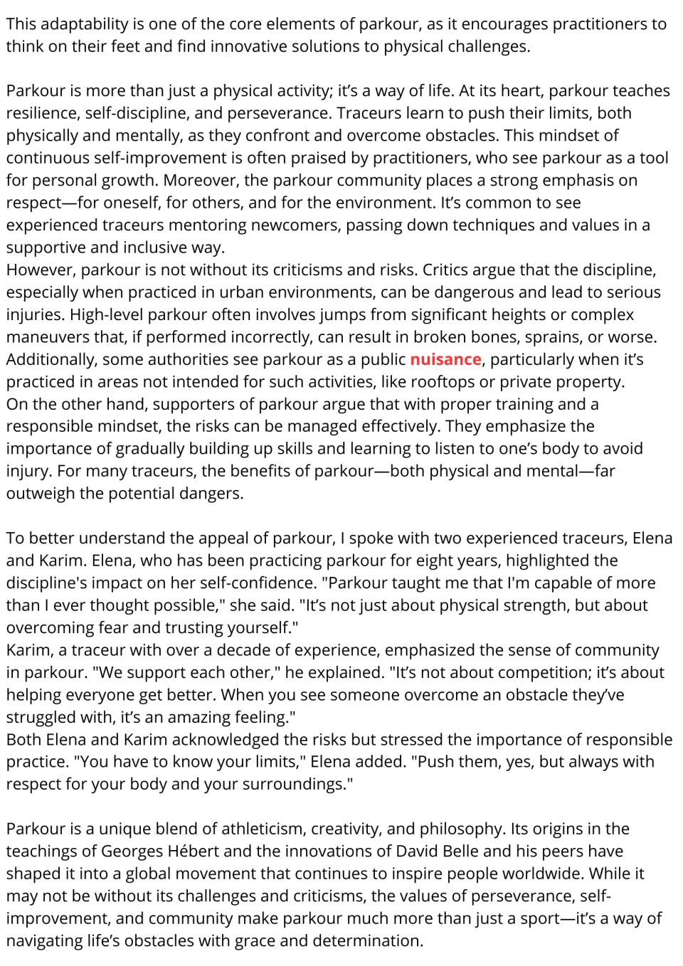 Parkour reading passage, part 2: resilience, community, risks, and perspectives from Elena and Karim