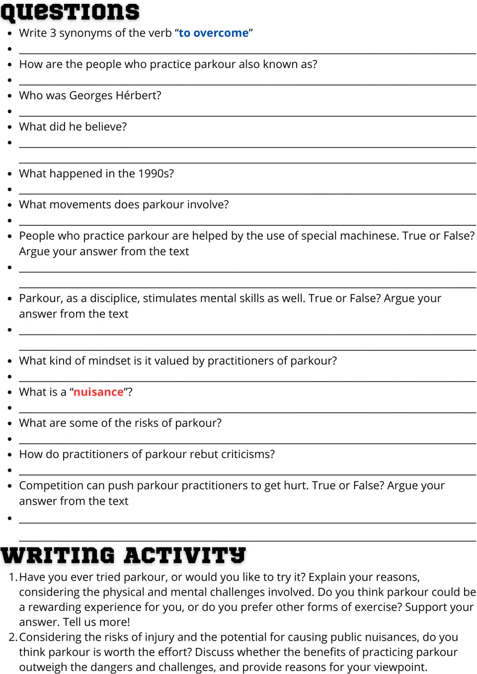 Parkour follow-up: 13 comprehension questions and two writing prompts about trying parkour and its risks