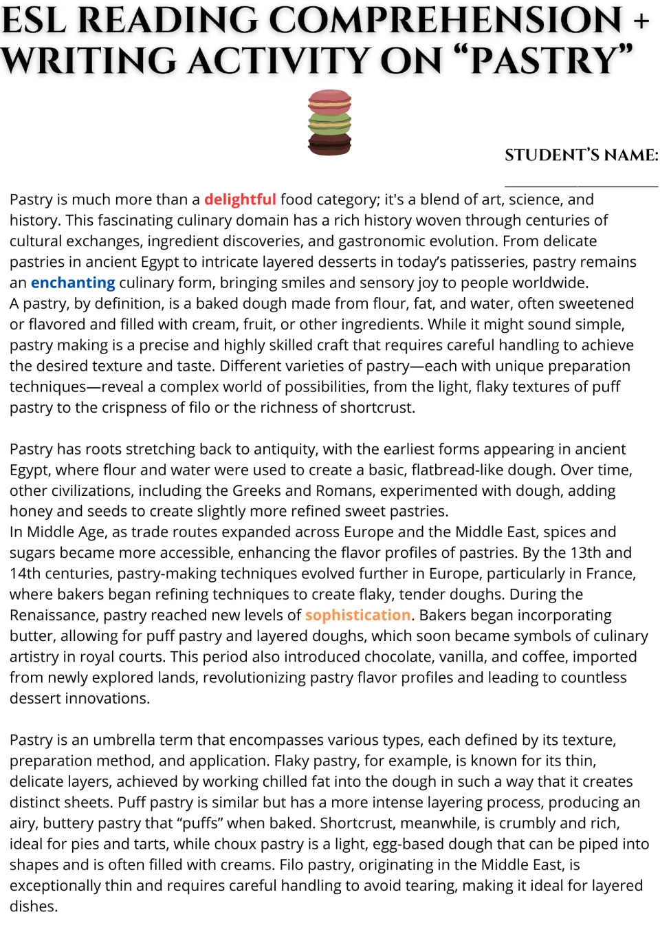 Pastry reading passage, part 1: definition, history, and types including puff, shortcrust, choux, and filo.