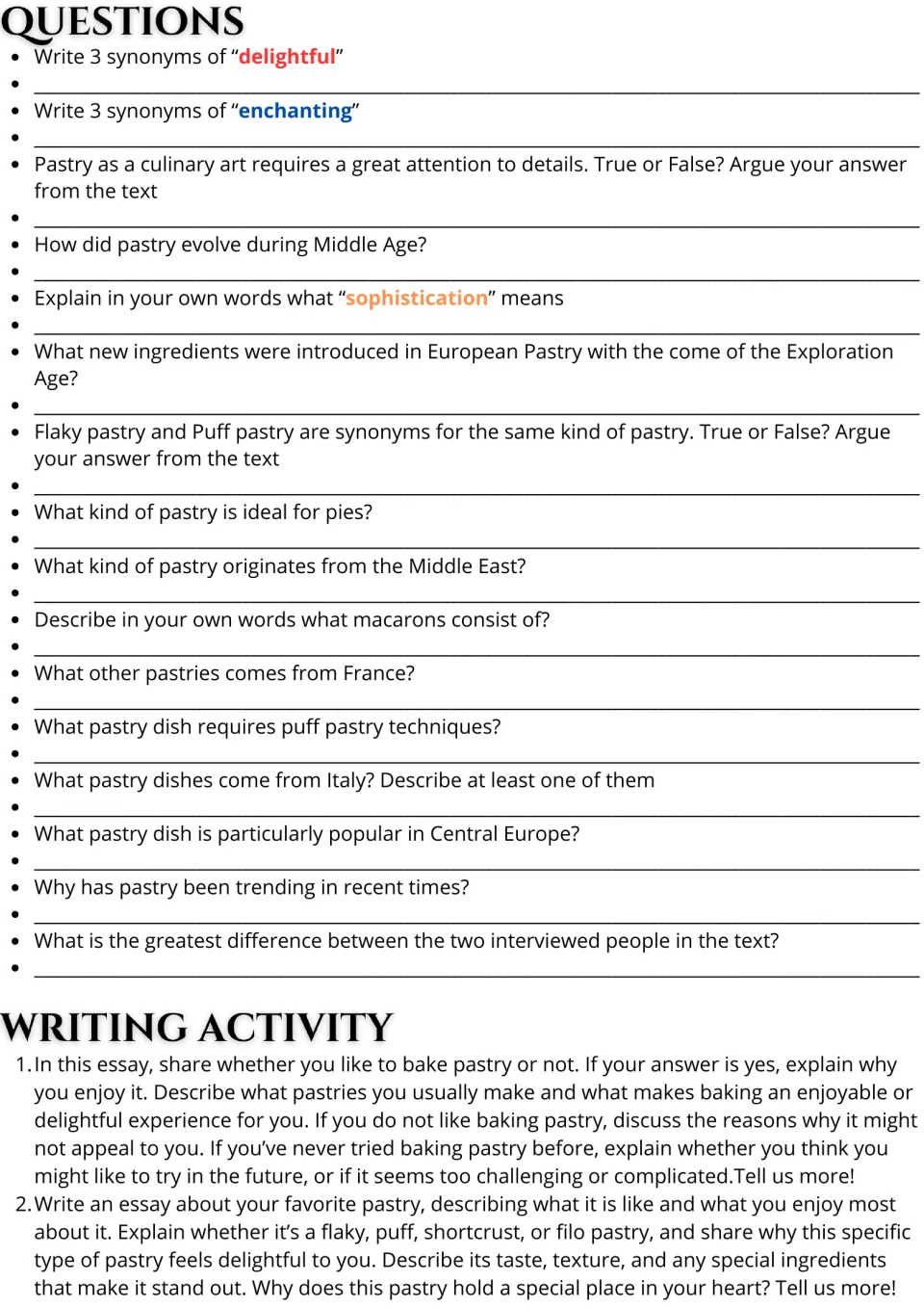 Pastry reading follow-up: 16 vocabulary and comprehension questions plus two essays on baking and favorite pastry.