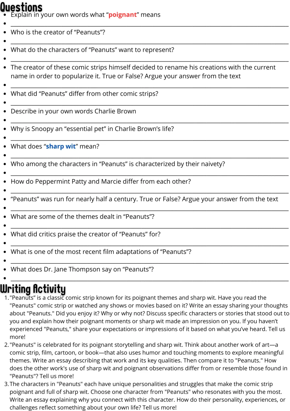 Peanuts reading follow-up: 15 comprehension questions and three essay prompts on opinions, art, and characters.