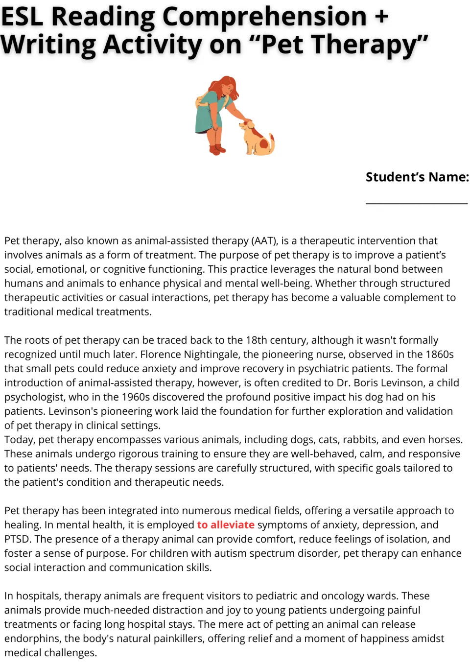 Pet therapy reading passage, part 1: students read about history, Florence Nightingale, Boris Levinson and hospital use