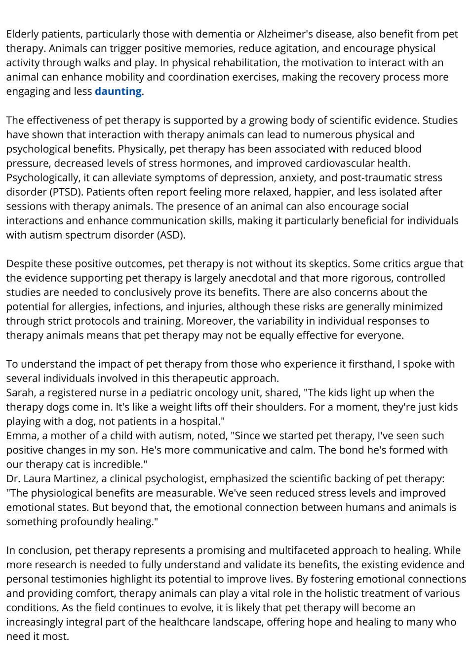 Pet therapy passage, part 2: students read about benefits, scientific evidence, critics' concerns and interview quotes