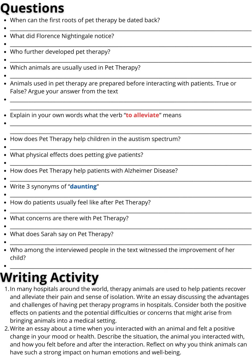 Pet therapy questions: students answer 14 comprehension and vocabulary items, then respond to two essay prompts