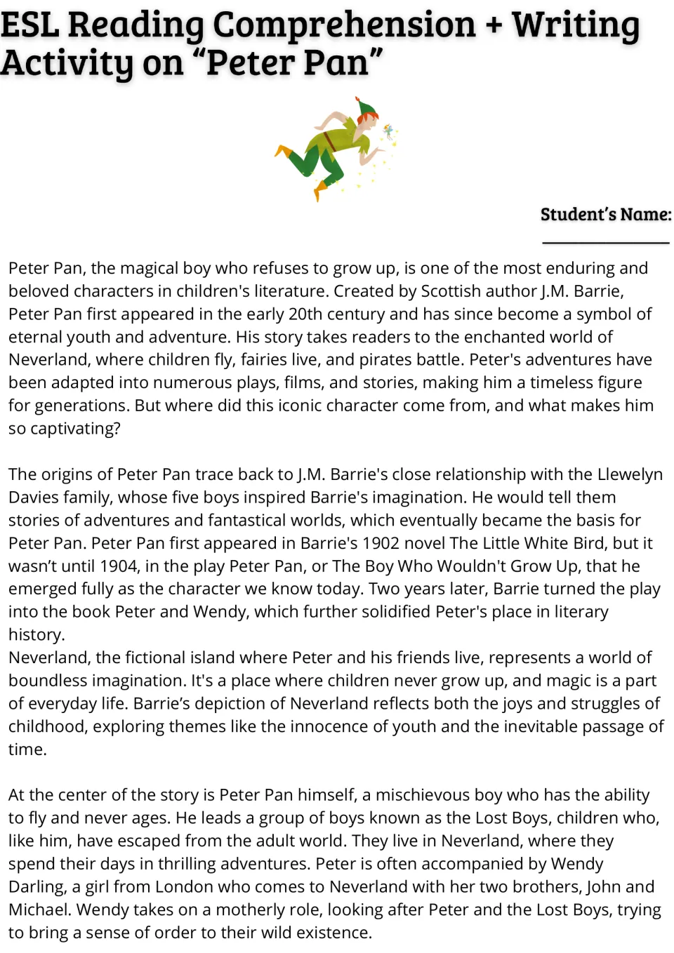 Peter Pan reading passage: students read about J.M. Barrie's inspiration, Neverland, the Lost Boys and Wendy