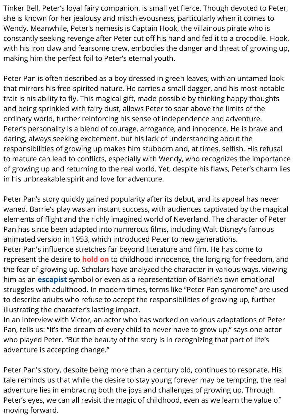 Peter Pan passage continued: Tinker Bell, Captain Hook, Peter's traits and legacy; highlights 'hold on' and 'escapist'