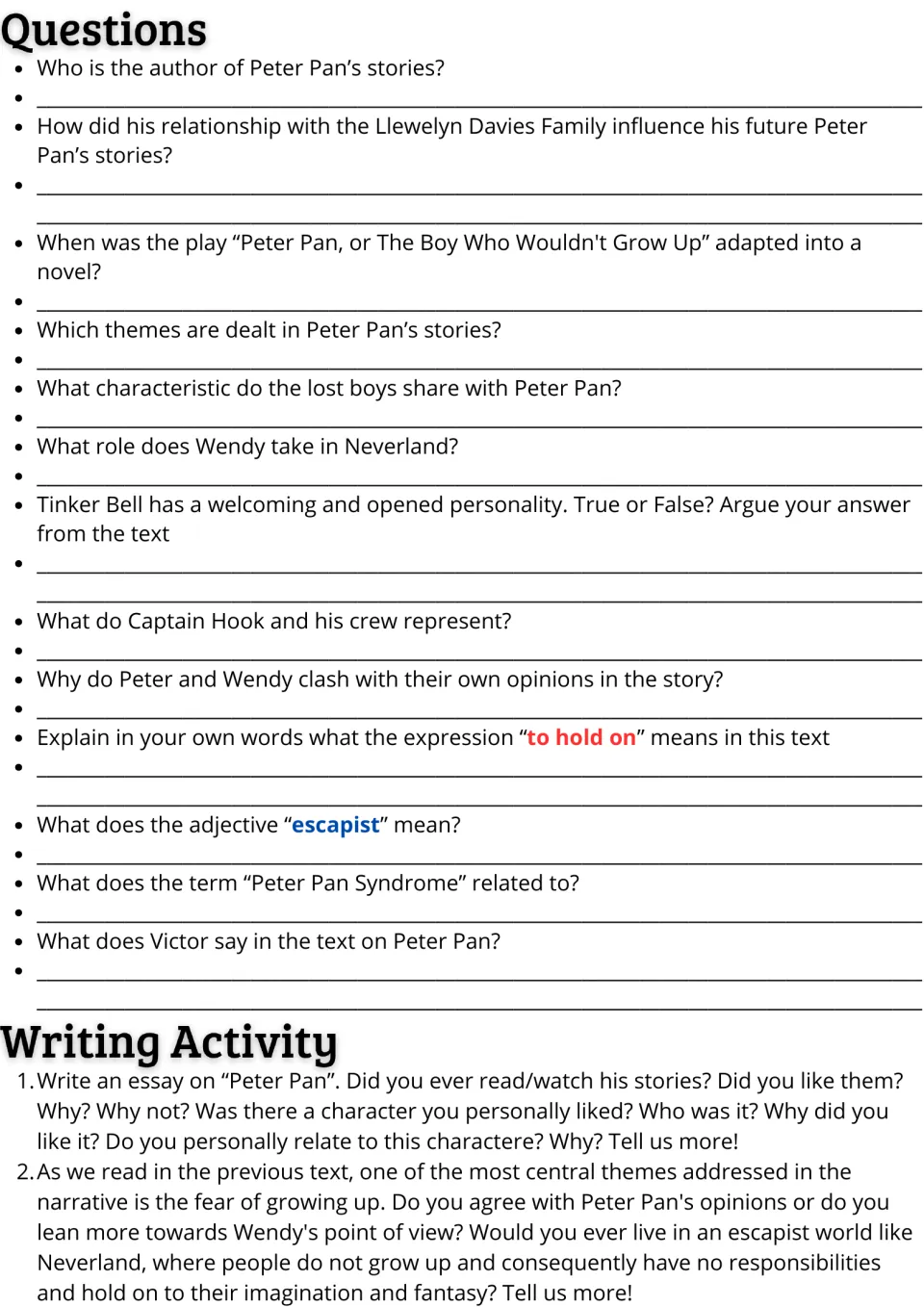 Peter Pan comprehension: 13 questions on the passage and vocabulary, then two essay prompts on the fear of growing up