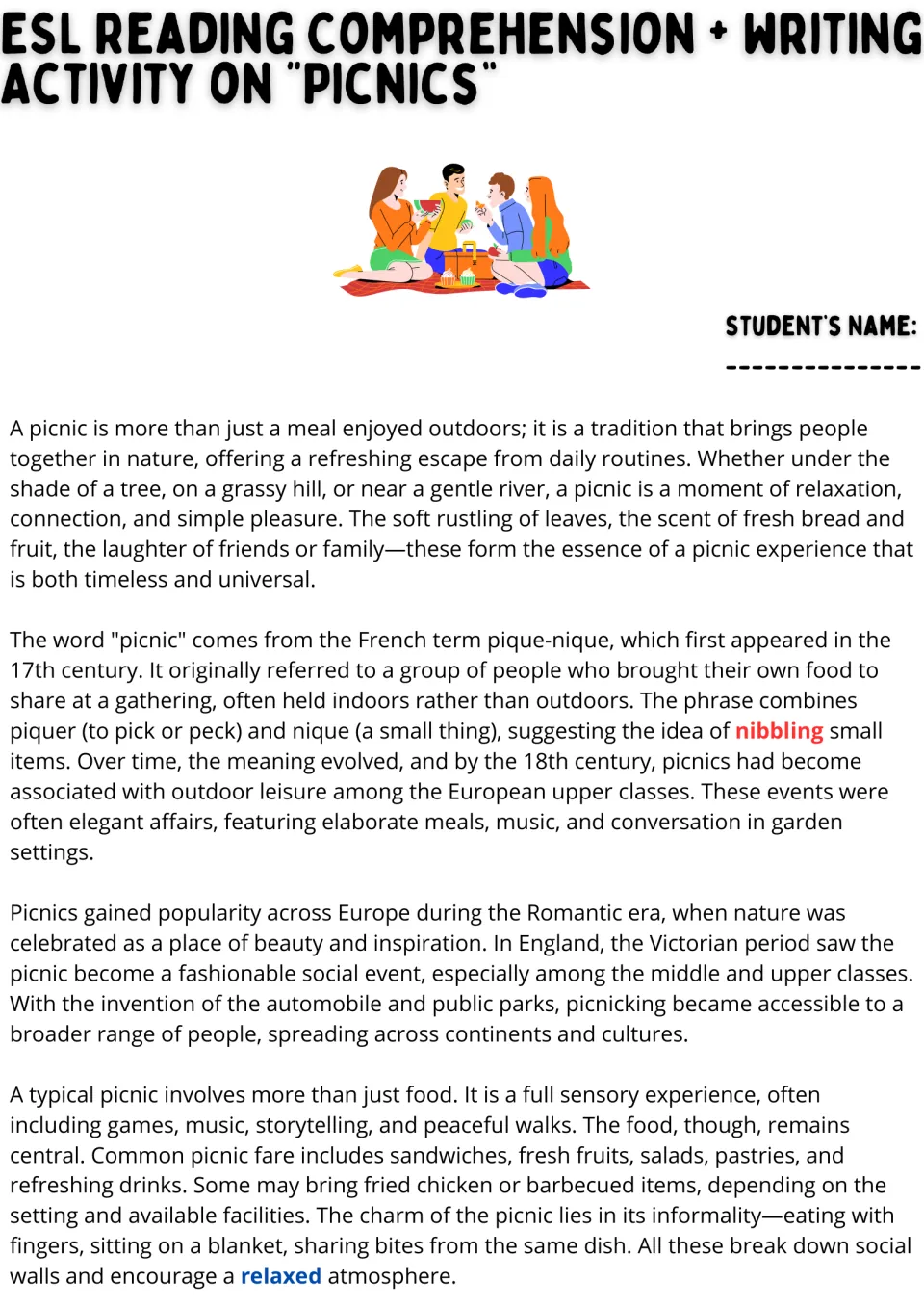 ESL reading passage, part 1: picnic origins, French word history, outdoor traditions, foods, and activities.